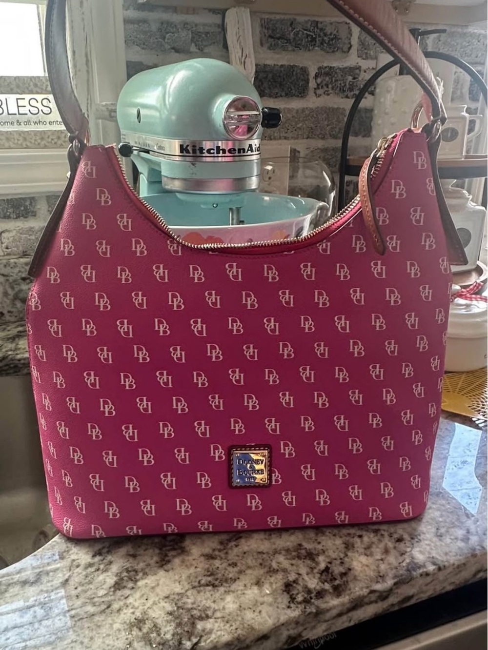 Dooney & Bourke Raspberry Logo-Print Shoulder Bag with Gold Hardware